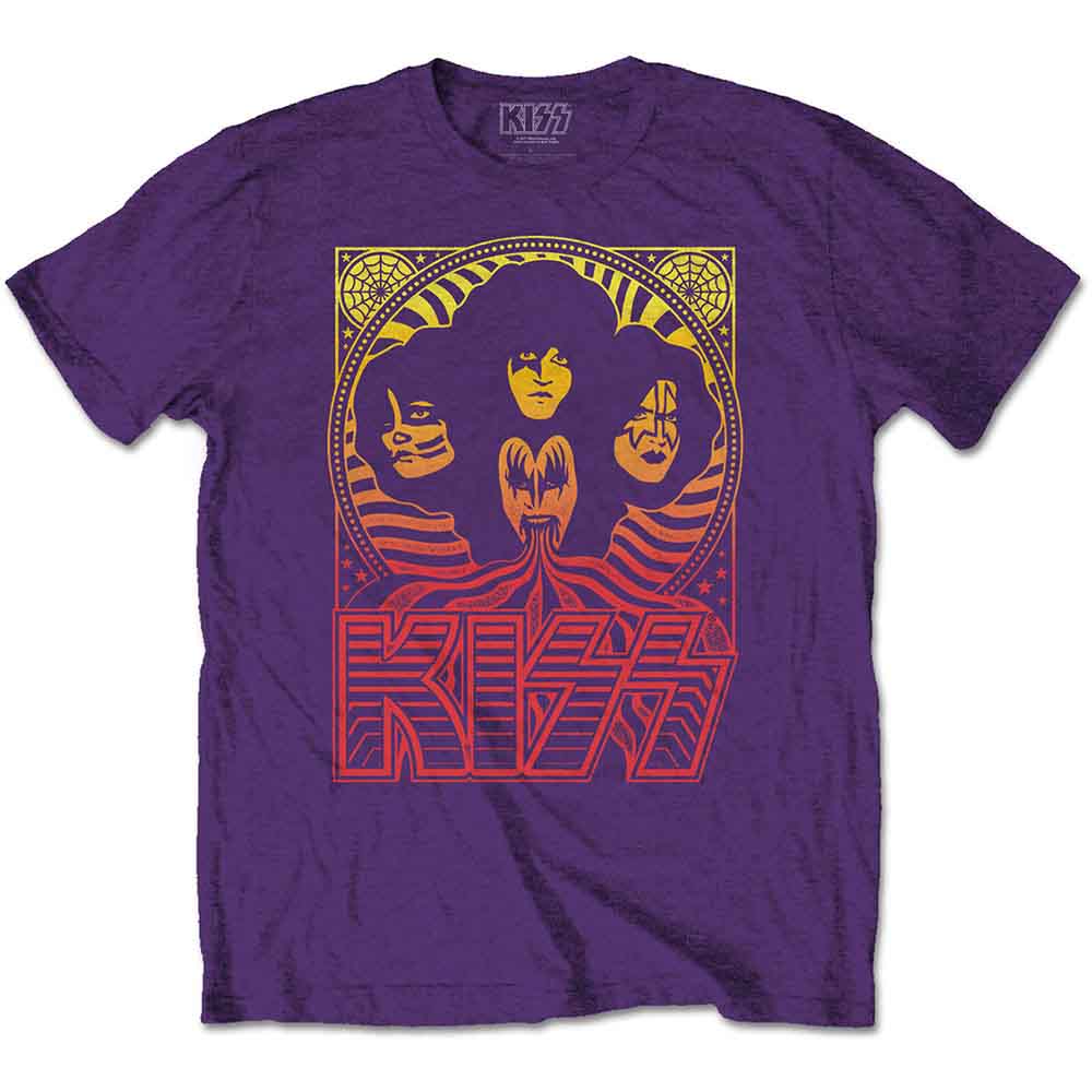 Purple t-shirt with a graphic of the band KISS faces and logo.