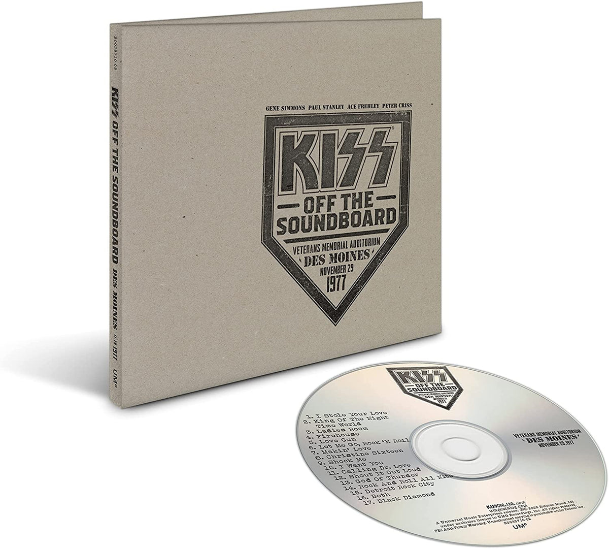 "KISS Off The Soundboard CD in beige case with logo and text on cover."
