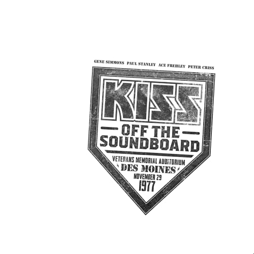 Black and white shield-shaped album cover for KISS live in Des Moines, 1977.