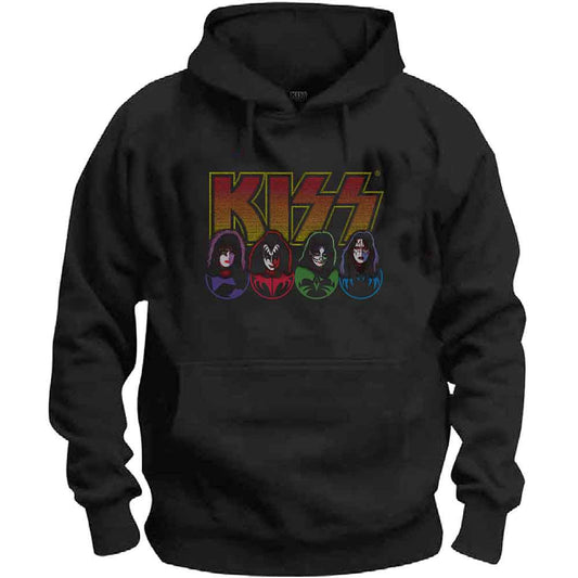 Black t-shirt with KISS logo and hands making rock-on gesture.