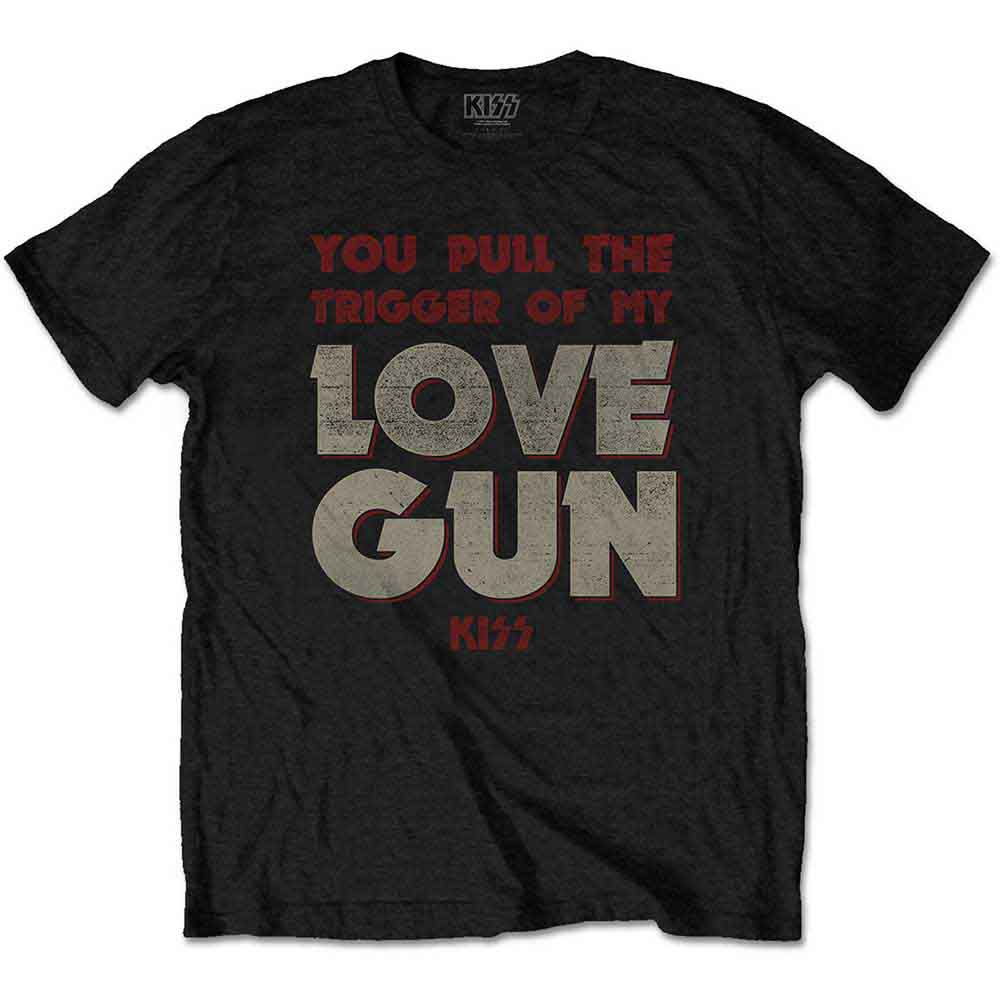 Black KISS t-shirt with rock star hand graphic and logo.