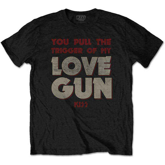 Black KISS t-shirt with rock star hand graphic and logo.