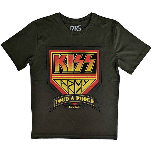 Charcoal grey KISS t-shirt with band logo and "Army Loud & Proud" text.