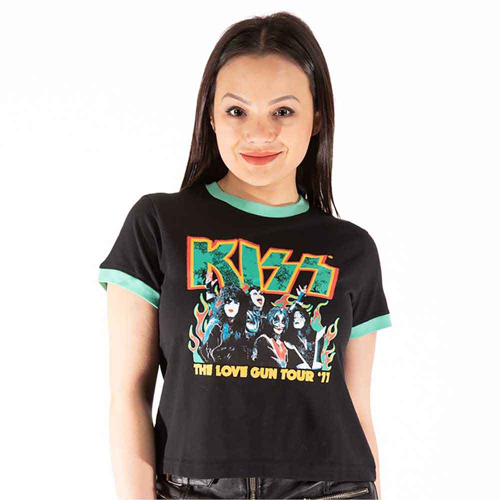 Green crop top with KISS band logo and contrasting white collar/sleeves.