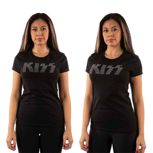 Black women's t-shirt with the band KISS's logo in rhinestones.