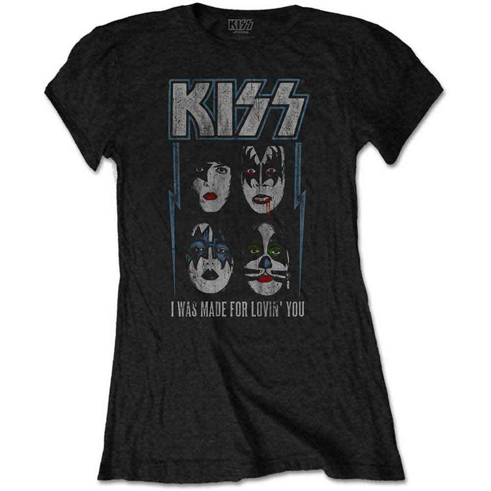 Black women’s t-shirt with Kiss band member faces graphic.