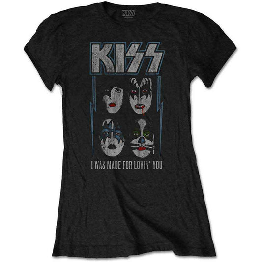 Black women’s t-shirt with Kiss band member faces graphic.