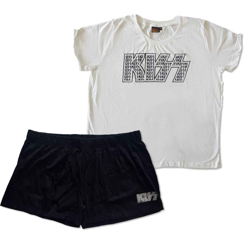 Woman wearing a white t-shirt with large black "KISS" logo print.