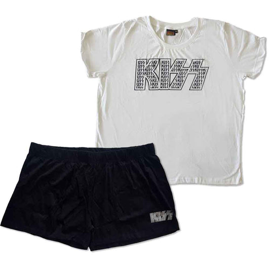 Woman wearing a white t-shirt with large black "KISS" logo print.
