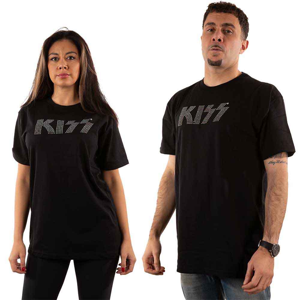 Black t-shirt featuring the KISS band logo in silver diamante rhinestones.