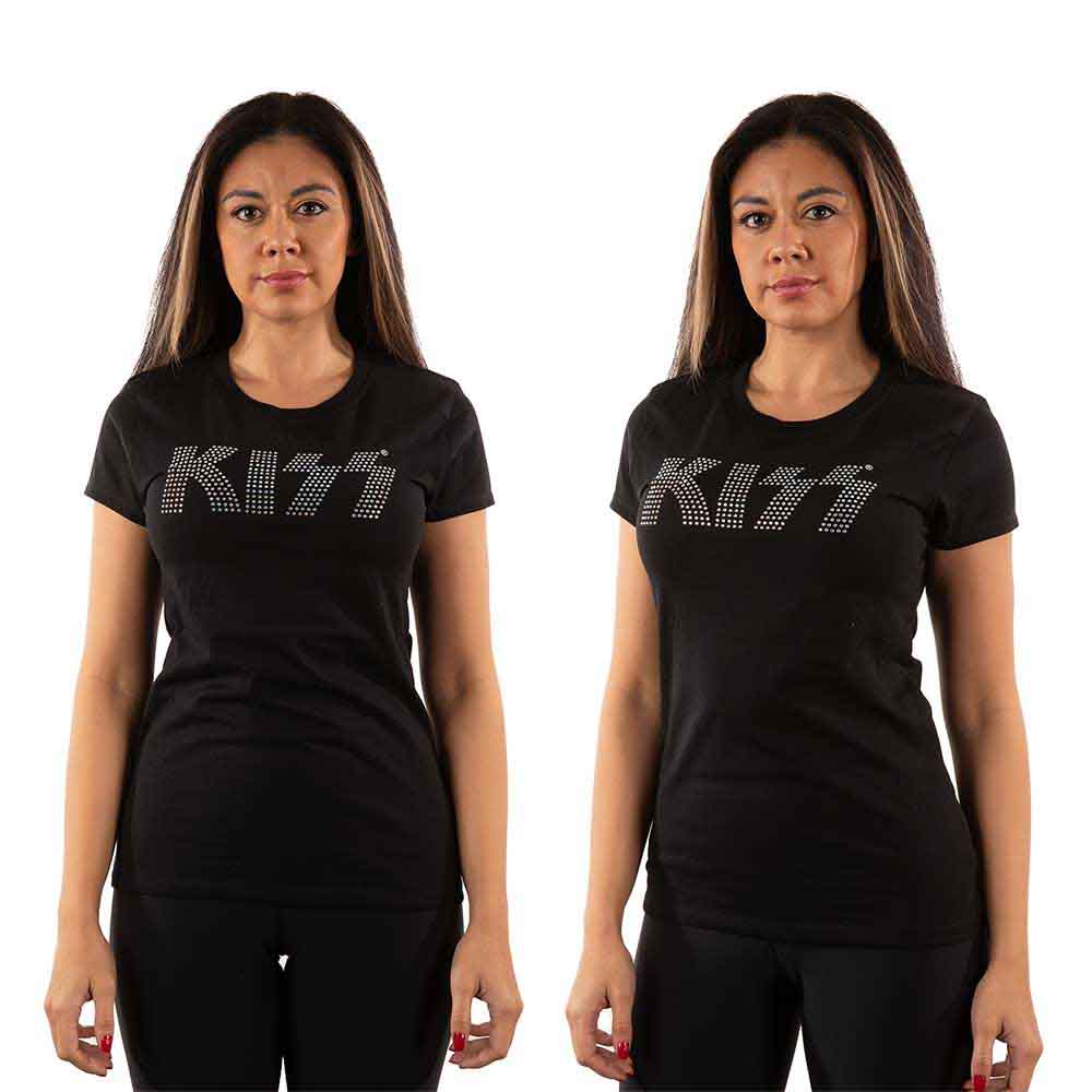 Black women's t-shirt with the band KISS's logo in rhinestones.