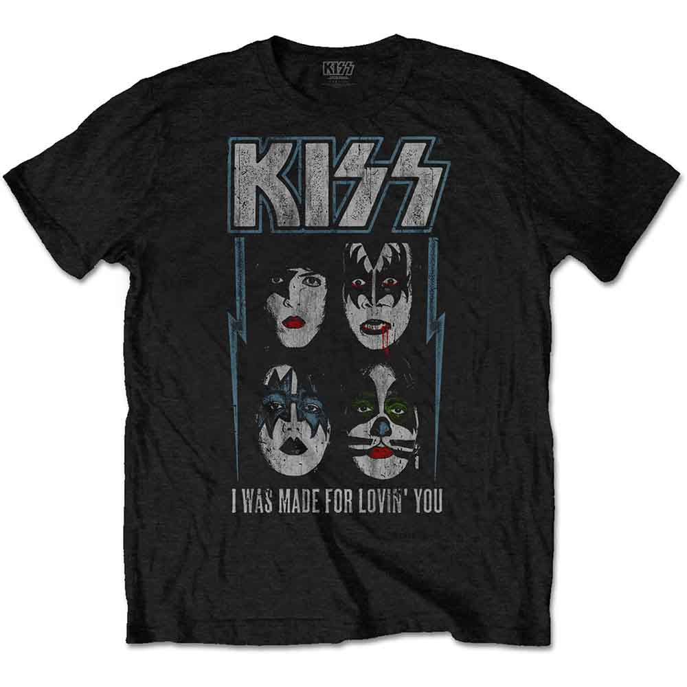 Light blue t-shirt with the KISS band logo and faces of band members.