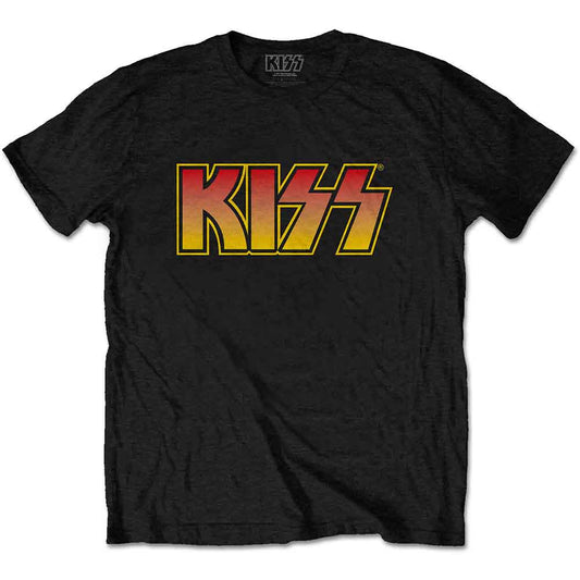 Tan and black dip-dye t-shirt with the “KISS” band logo.