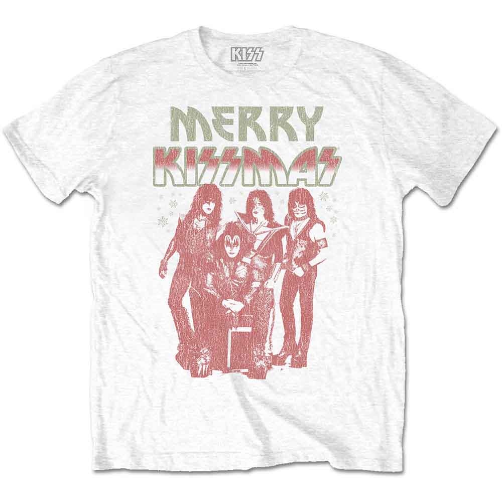 White t-shirt with "Merry Kissmas" and the KISS band logo graphic.
