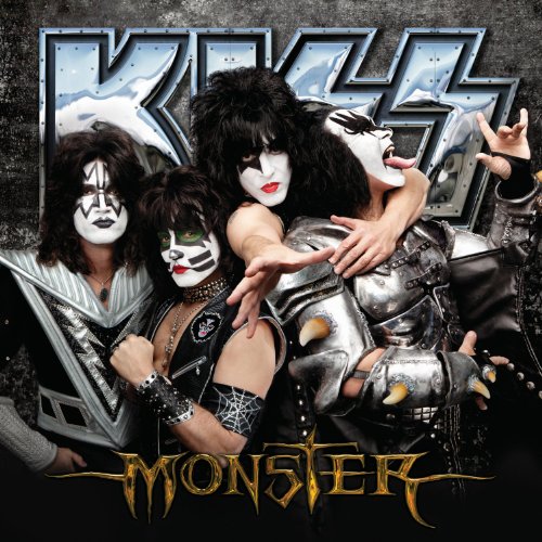 Kiss band members in face paint, album cover for "Monster.