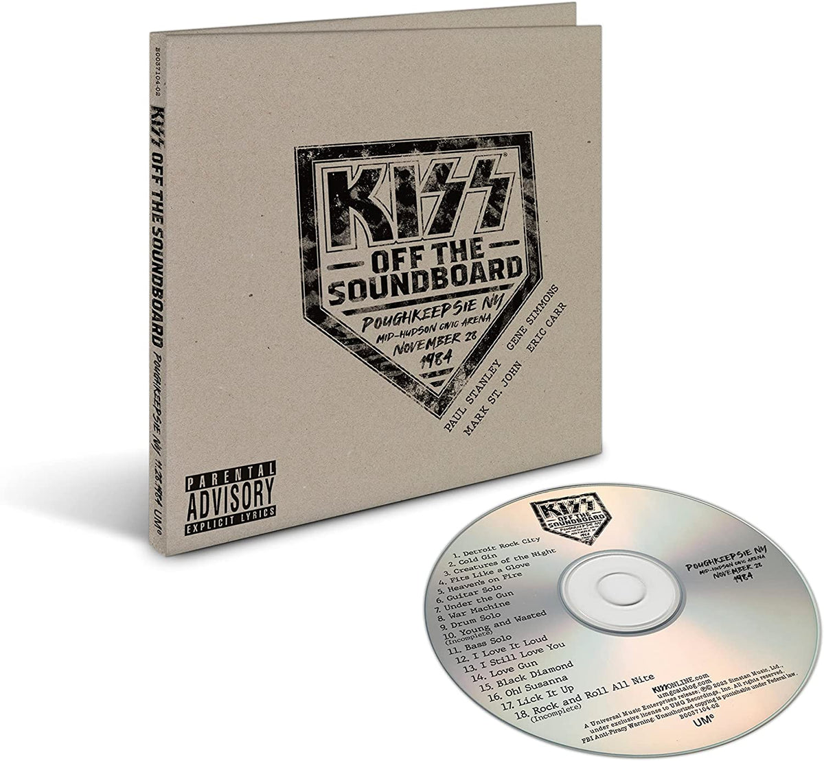 KISS “Off The Soundboard” live album CD with tracklist and band members.