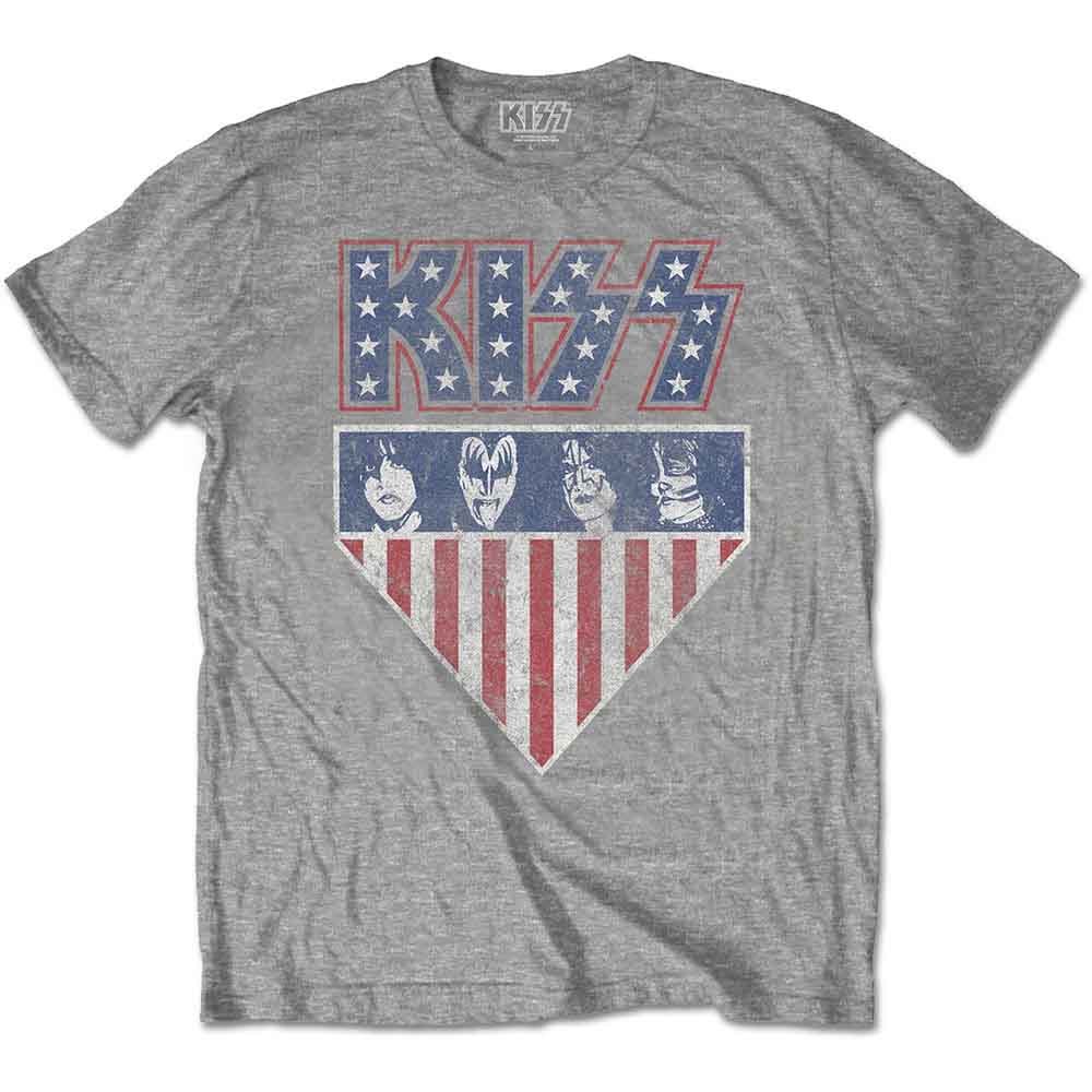Grey Kiss t-shirt with band logo and stars and stripes design.