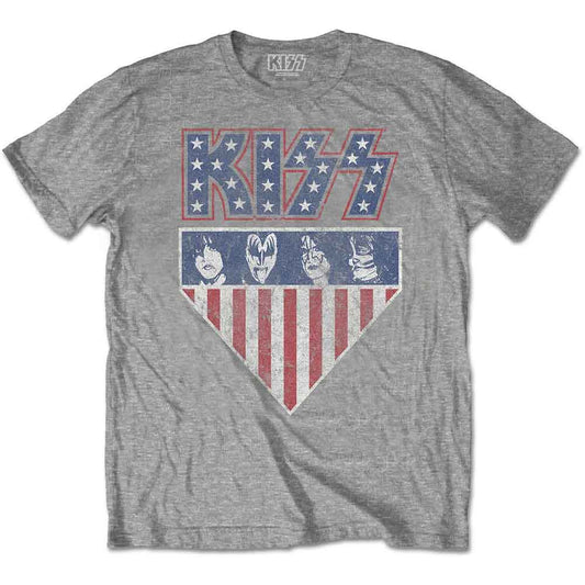 Grey Kiss t-shirt with band logo and stars and stripes design.
