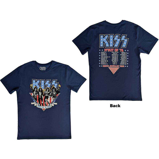 Black unisex t-shirt featuring a KISS logo and Americana-themed graphic print on the back.