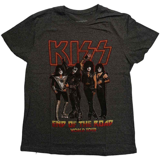 Black KISS t-shirt with band member images and "End of the Road" text.