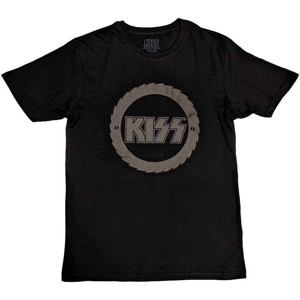 Black t-shirt with large, circular buzzsaw logo featuring the KISS band name.