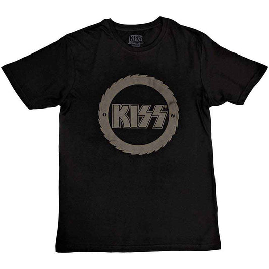 Black t-shirt with large, circular buzzsaw logo featuring the KISS band name.
