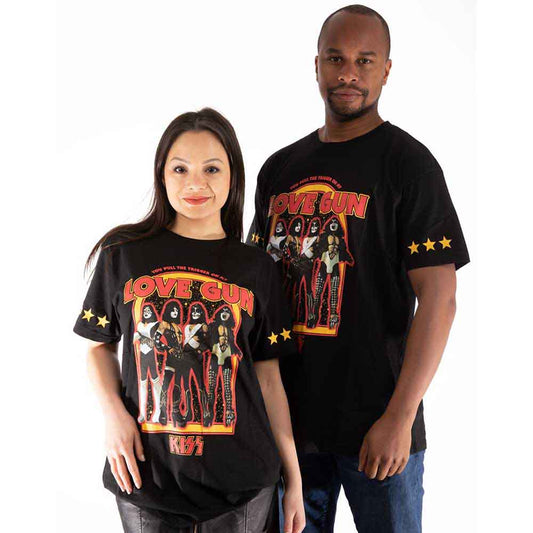 Black t-shirt with red star sleeve prints, featuring the KISS band logo.