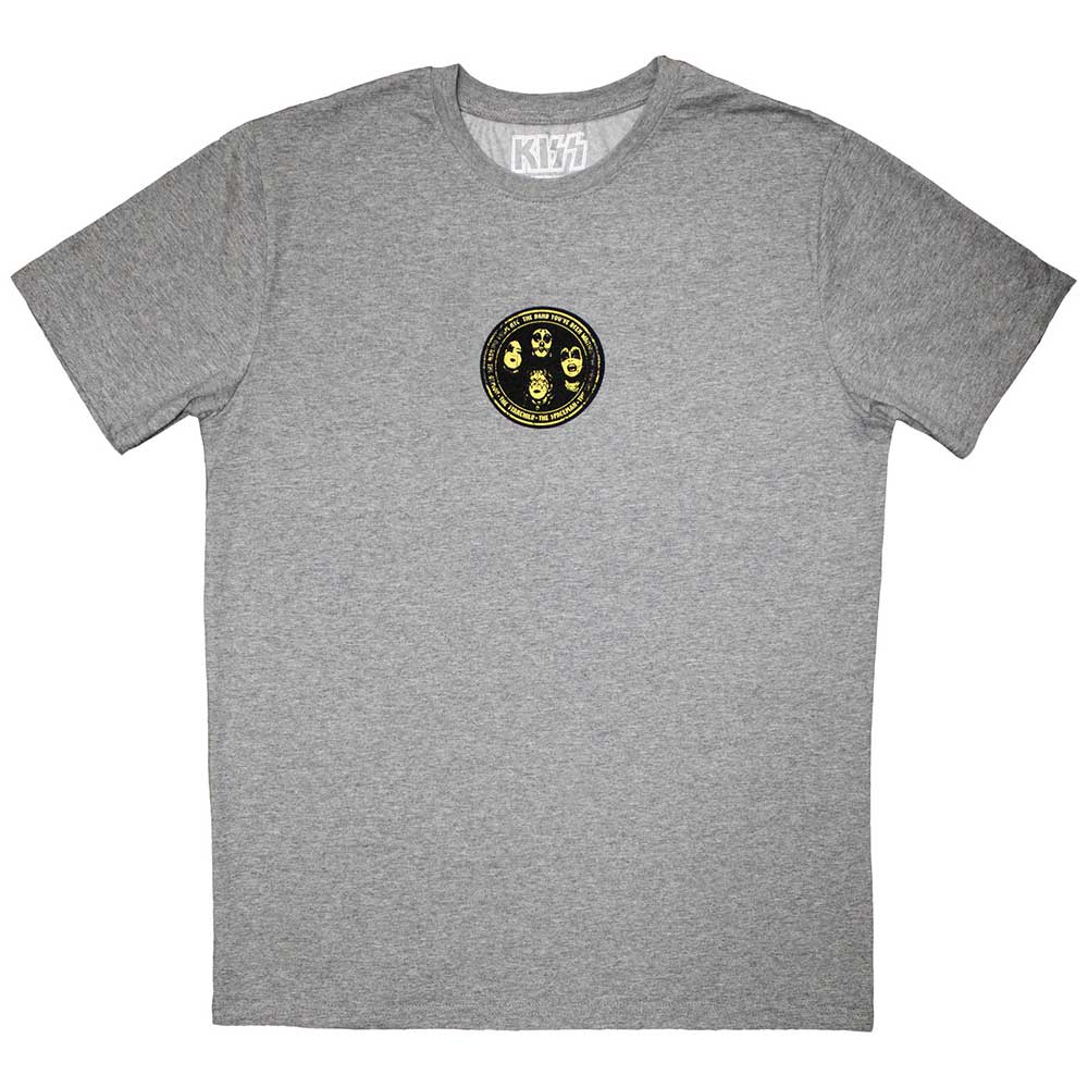 Black unisex t-shirt featuring a small KISS band logo on the chest.
