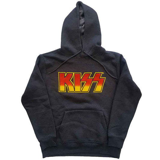 Black hoodie with large yellow and red "KISS" logo on the chest.