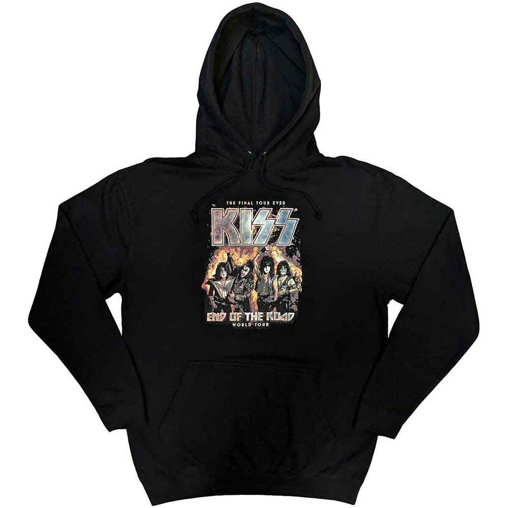 Black unisex pullover hoodie featuring a KISS End Of The Road tour graphic design.