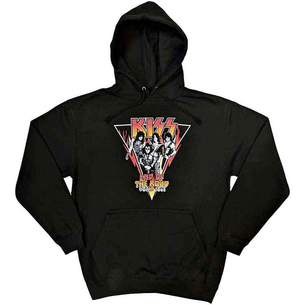 Dark hoodie with a white triangle logo, likely featuring the KISS band name.