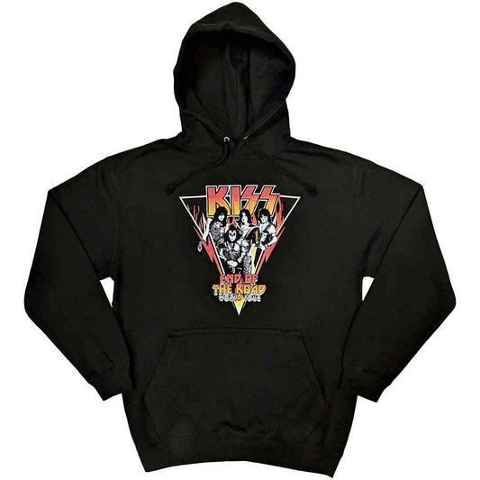 Dark hoodie with a white triangle logo, likely featuring the KISS band name.