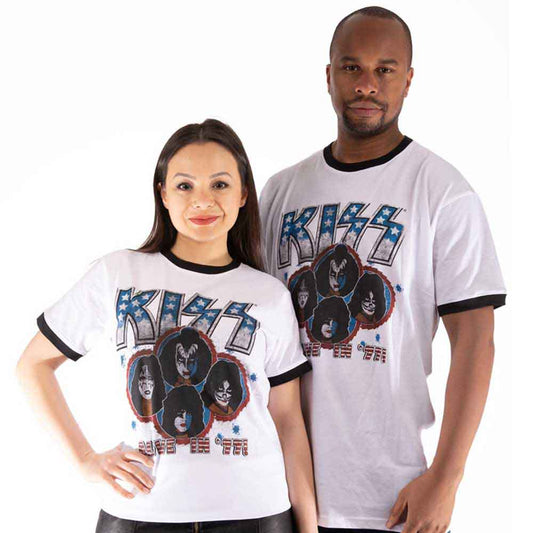 Black and white ringer t-shirt featuring a vintage KISS Alive in '77 band graphic.