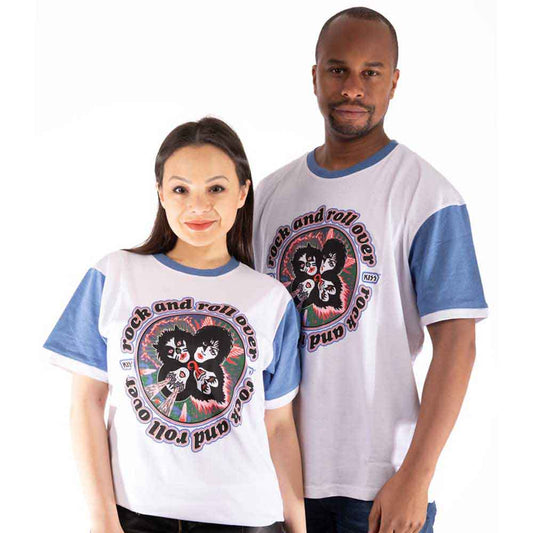 Medium, unisex t-shirt with KISS “Rock and Roll Over” design and ringer neckline.