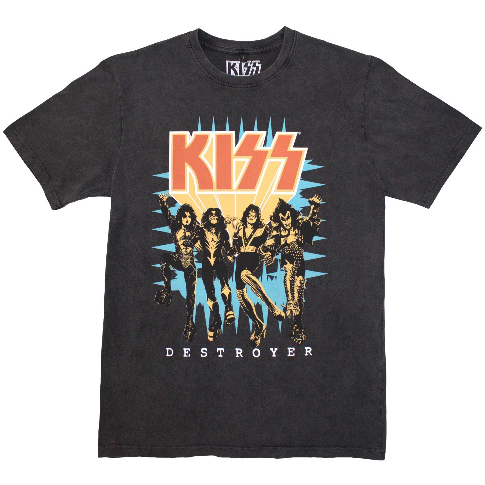 Stone wash t-shirt with a 3D, colorful KISS band logo on the front.
