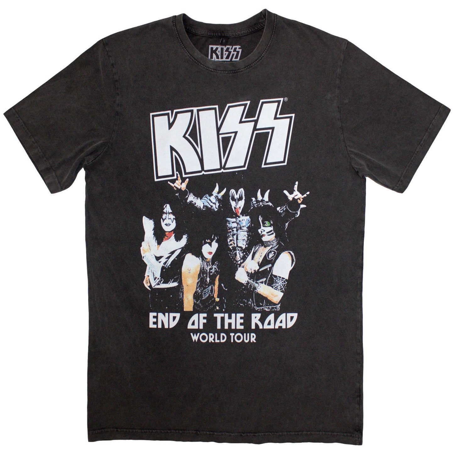 Stone wash t-shirt featuring KISS band logo for their “End Of The Road” tour.