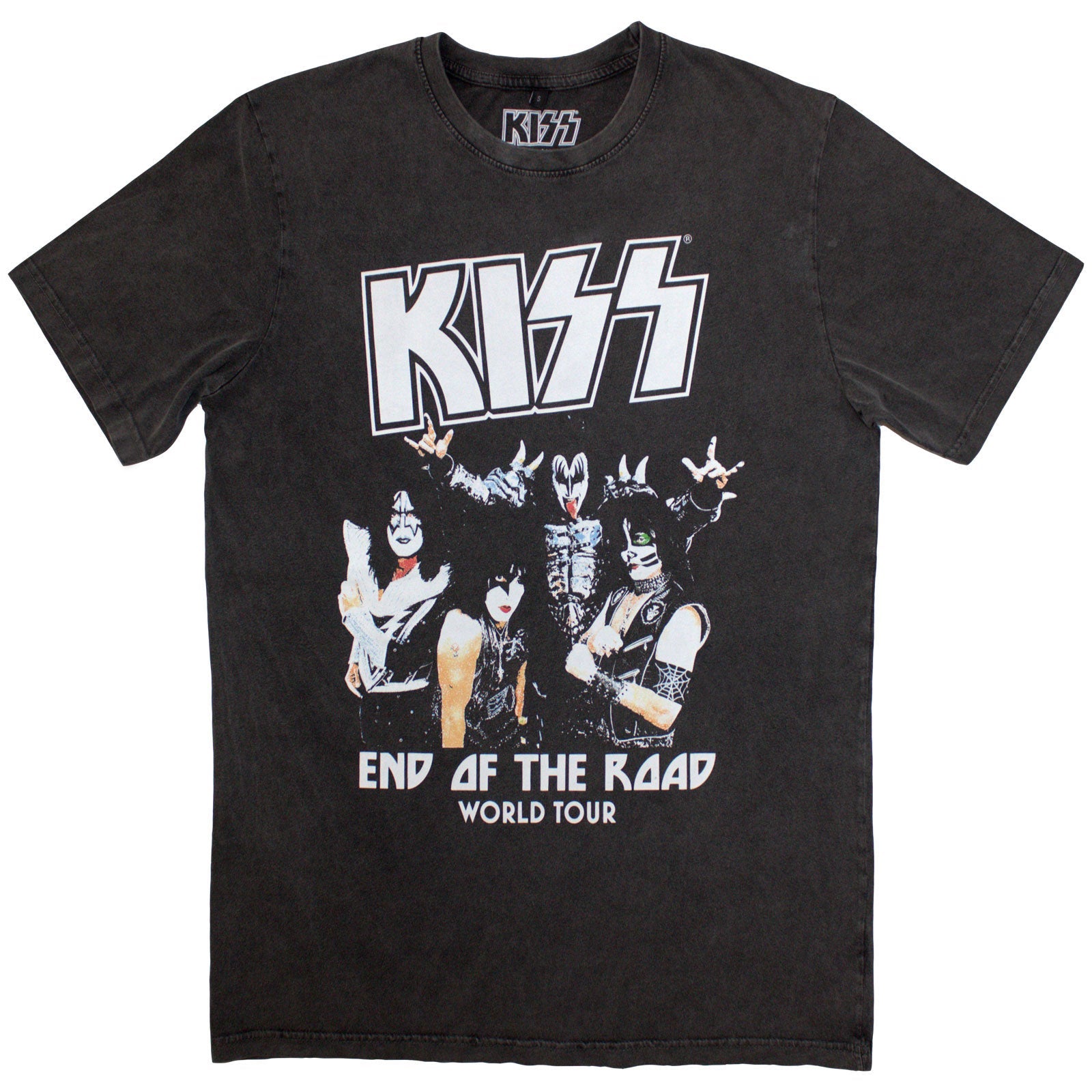 Stone wash t-shirt featuring KISS band logo for their “End Of The Road” tour.