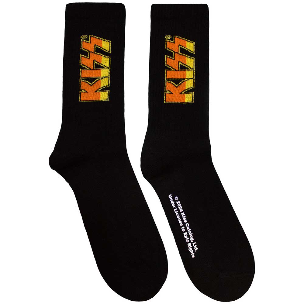 Knee-high terry socks with repeating black and white KISS band logo.