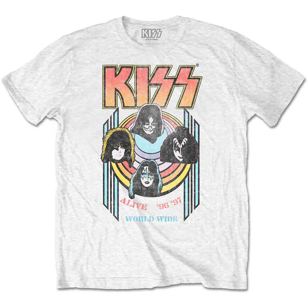 Black t-shirt with KISS band logo “World Wide” design, size large.