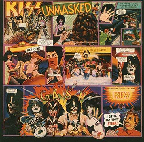 Kiss - Unmasked" CD cover: comic-style panels with band members in makeup.