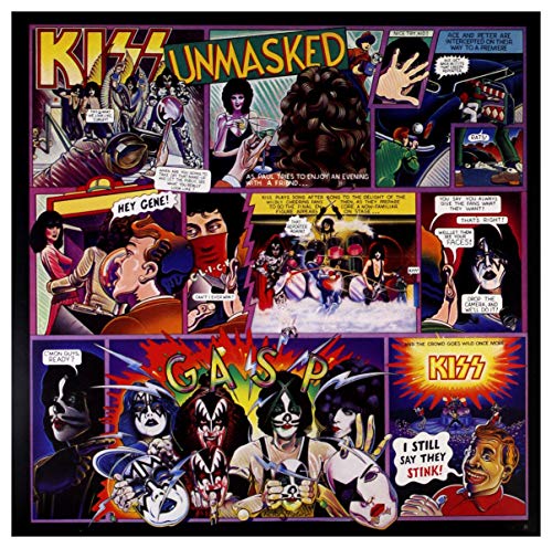 Kiss “Unmasked” vinyl album cover featuring a colorful comic book panel design.