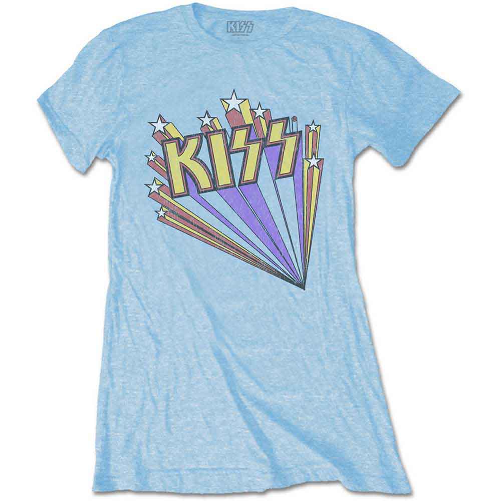 Pink women’s t-shirt with a colorful “KISS” logo and starburst graphic.