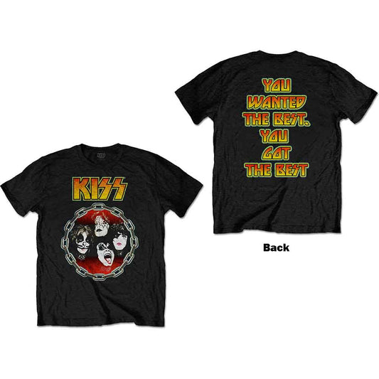 A man wearing a black Kiss band t-shirt with a chain-framed graphic of members.