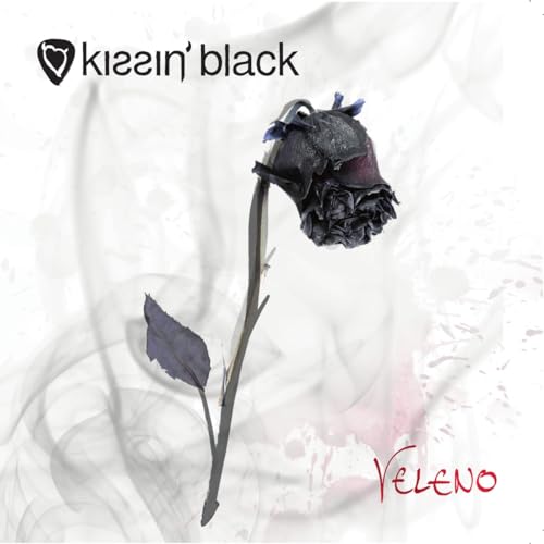 Wilted black rose against a white, textured background with text.