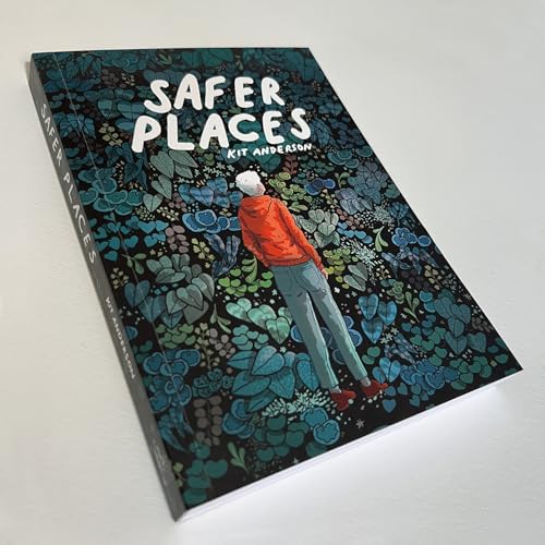 Book cover, "Safer Places" by Kit Anderson, with illustrated figure in foliage.