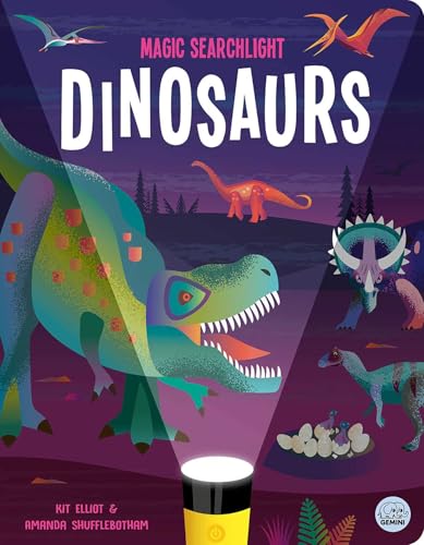Book cover featuring illustrated dinosaurs and a glowing searchlight.