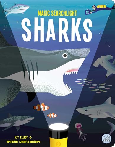 Book cover with illustrated sharks, a diver, and a searchlight beam.