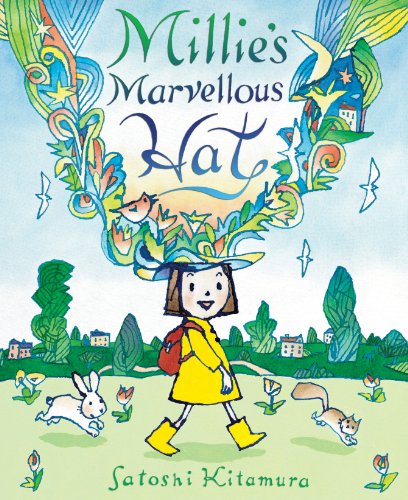 Book cover: girl with a hat walking through a whimsical landscape.