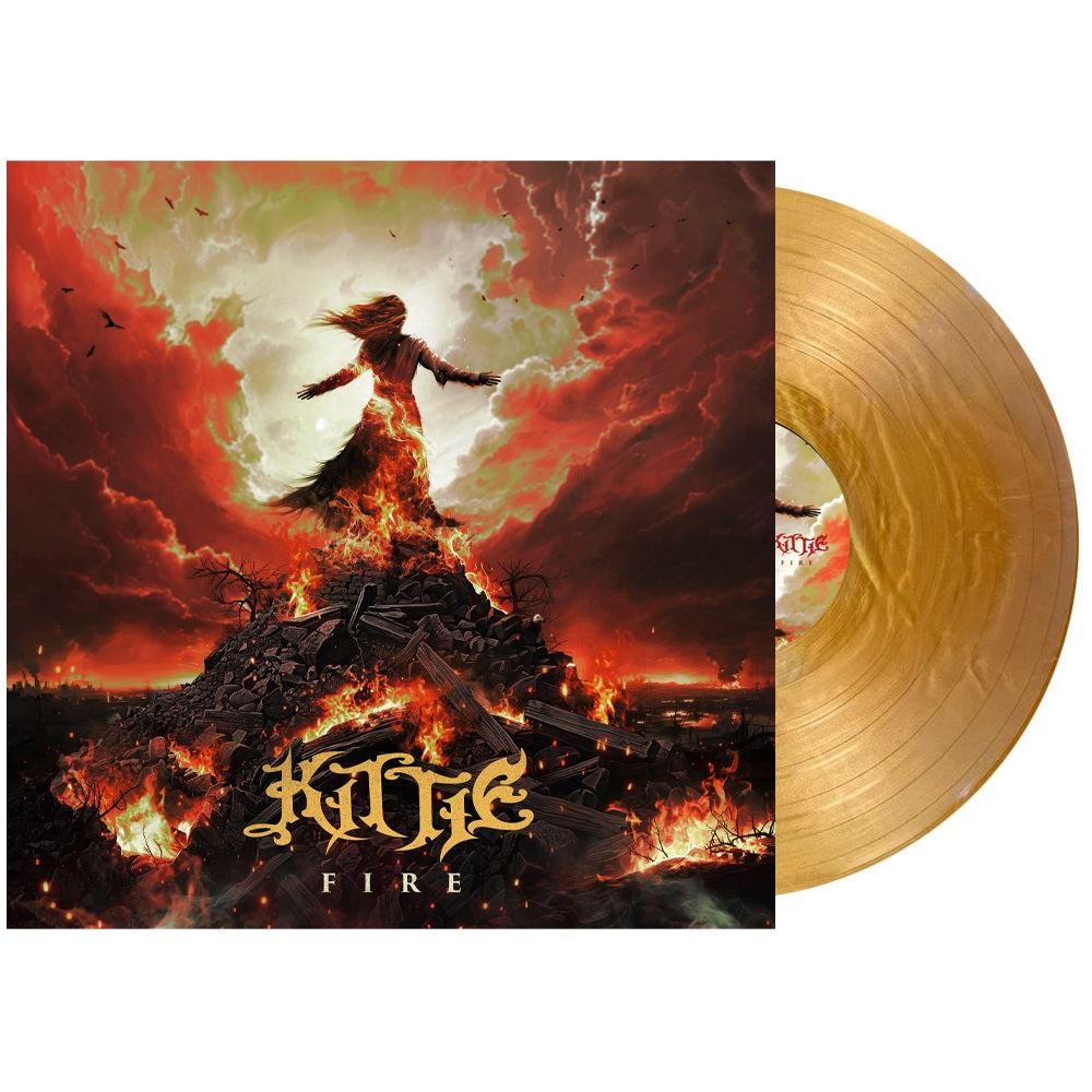 Kittie Fire album cover showing a figure on a burning pile with gold vinyl.