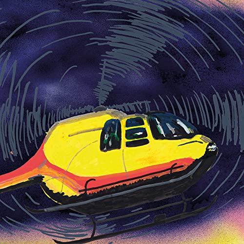 Yellow helicopter illustration with dark blue swirling background.